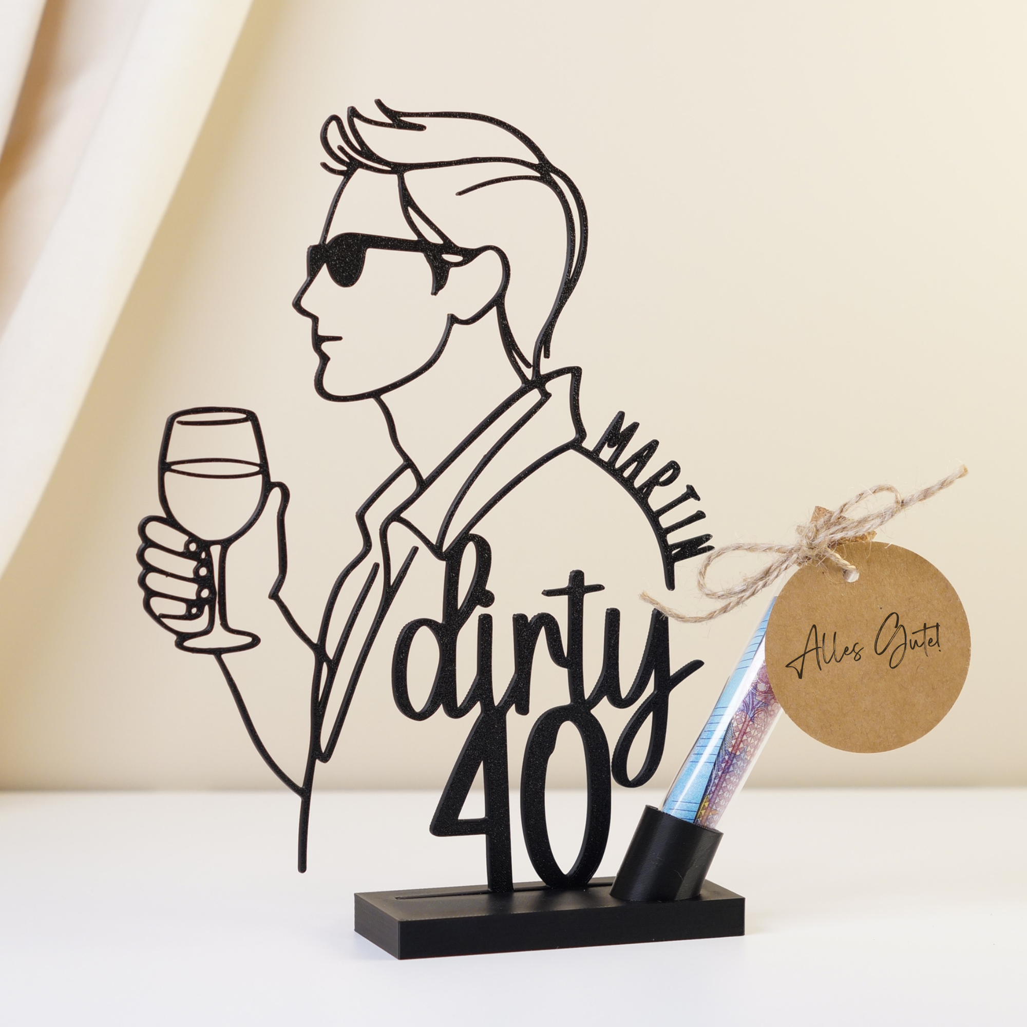 3D-Aufsteller Mann mit Weinglas personalisiert mit Name und Alter als Geburtstagsgeschenk für Männer